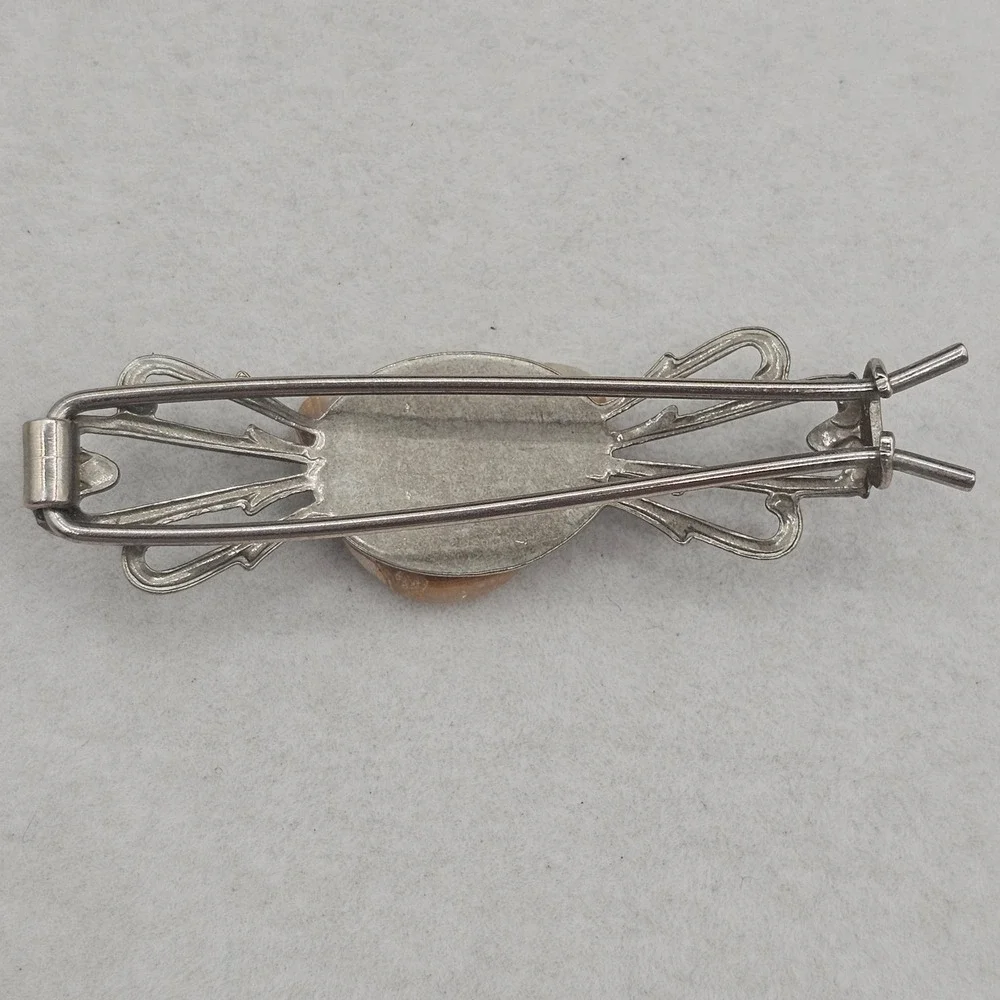 Vintage Art Nouveau Banded Stone Bar Hair Piece Silver Tone Ornate Openwork